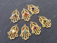 Gold Hamsa Charm Pendant with Violet Purple Gemstone, Filigree Hamsa, Hand of Fatima, Hand Charm, Jewish Hamsa, 22k Matte Gold Plated