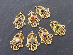 Filigree Hand of Fatima Hamsa Pendant Charm with Royal Blue Facet Cut Jade Accent- 22k Matte Gold Plated