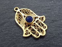 Filigree Hand of Fatima Hamsa Pendant Charm with Royal Blue Facet Cut Jade Accent- 22k Matte Gold Plated