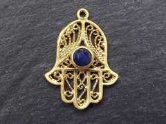 Filigree Hand of Fatima Hamsa Pendant Charm with Royal Blue Facet Cut Jade Accent- 22k Matte Gold Plated