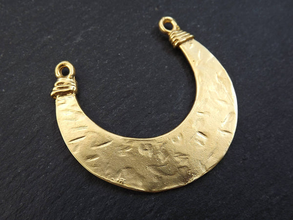 Tribal Crescent Pendant, Half Moon Pendant Connector, Hammered Gold Pendant, 22k Matte Gold Plated, 1PC