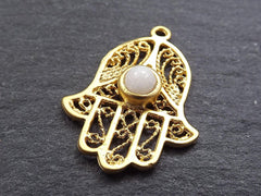 Filigree Hand of Fatima Hamsa Pendant Charm with White Smooth Cut Jade Accent- 22k Matte Gold Plated