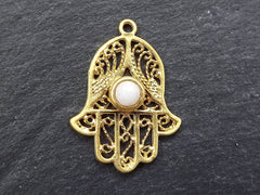 Filigree Hand of Fatima Hamsa Pendant Charm with White Smooth Cut Jade Accent- 22k Matte Gold Plated