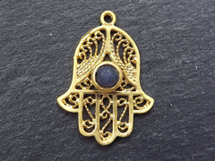 Filigree Hand of Fatima Hamsa Pendant Charm with Smoky Blue Facet Cut Jade Accent- 22k Matte Gold Plated