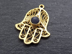 Filigree Hand of Fatima Hamsa Pendant Charm with Smoky Blue Facet Cut Jade Accent- 22k Matte Gold Plated