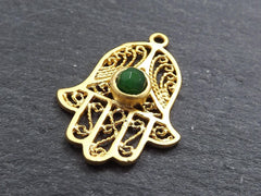 Filigree Hand of Fatima Hamsa Pendant Charm with Emerald Green Facet Cut Jade Accent- 22k Matte Gold Plated