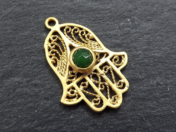Filigree Hand of Fatima Hamsa Pendant Charm with Emerald Green Facet Cut Jade Accent- 22k Matte Gold Plated