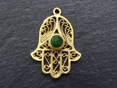 Filigree Hand of Fatima Hamsa Pendant Charm with Emerald Green Facet Cut Jade Accent- 22k Matte Gold Plated