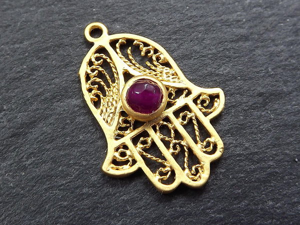 Gold Hamsa Charm Pendant with Violet Purple Gemstone, Filigree Hamsa, Hand of Fatima, Hand Charm, Jewish Hamsa, 22k Matte Gold Plated