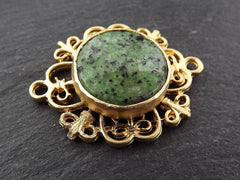 Curly Filigree Connector Green Mottled Jasper Stone - Jewelry Making Supplies Findings - 22k Matte Gold Plated - 1PC