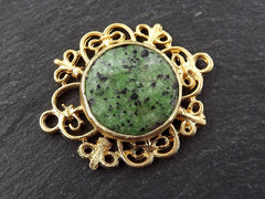 Curly Filigree Connector Green Mottled Jasper Stone - Jewelry Making Supplies Findings - 22k Matte Gold Plated - 1PC