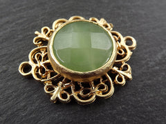 Curly Filigree Connector Pale Green Facet Cut Jade - Jewelry Making Supplies Findings - 22k Matte Gold Plated - 1PC