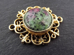Green Purple Stone Pendant, Gold Curly Filigree Connector Bezel, Natural Gemstone Charm, Facet Cut Jasper, Frame Stone, 22k Matte Gold, 1PC