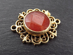 Rusty Orange Stone Pendant, Gold Curly Filigree Connector Bezel, Natural Gemstone Charm, Facet Cut Jade, Frame Stone, 22k Matte Gold, 1PC