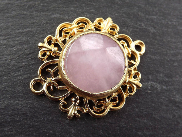 Pink Stone Pendant Connector, Curly Filigree Facet Cut Pale Pink Jade Gemstone Pendant, Artisan Jewelry, 22k Matte Gold Plated, 1pc