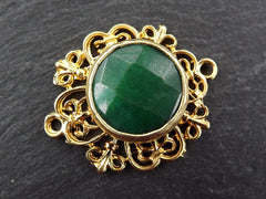 Emerald Green Stone Pendant, Gold Curly Filigree Connector Bezel, Natural Gemstone Charm, Facet Cut Jade, Frame Stone, 22k Matte Gold, 1PC