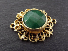 Emerald Green Stone Pendant, Gold Curly Filigree Connector Bezel, Natural Gemstone Charm, Facet Cut Jade, Frame Stone, 22k Matte Gold, 1PC