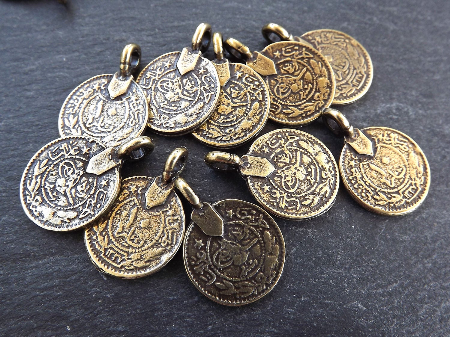 10 Large Round Bronze Coin Charms Jewelry Supplies Rustic Coins
