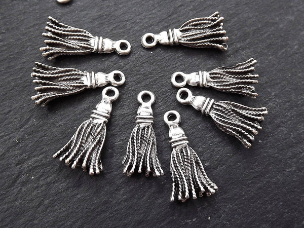 Mini Tassel Charms, Drop Pendant Charm, Small Tassel Charms, Metal Tassel, Artisan Earring Tassel, Matte Antique Silver Plated, 8pc