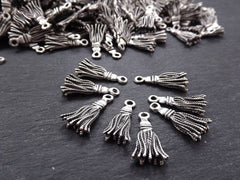 Mini Tassel Charms, Drop Pendant Charm, Small Tassel Charms, Metal Tassel, Artisan Earring Tassel, Matte Antique Silver Plated, 8pc