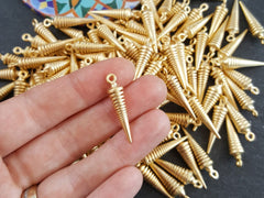 Gold Spike Charms, Gradient Lines Drop Pendulum, Minimalist Charms, Non Tarnish, 22k Matte Gold Plated - 4pc