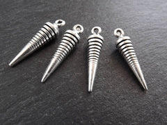 Gradient Lines Spike Drop Pendulum Charms Non Tarnish Minimalist Turkish Jewelry Supplies Artisan Findings Matte Antique Silver Plated - 4pc