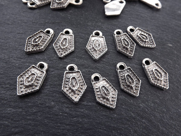 10 Mini Silver Tribal Charms, Ethnic Charms, Pointed Charms, Drop Charms, Rustic Charms, Boho, Bohemian Jewelry, Matte Antique Silver Plated