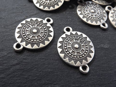 Sun Mandala Pendant Connector, Round Disc Charm, Zen Yoga Pendant Boho Jewelry, 2 Holes - Matte Antique Silver Plated - 2PC