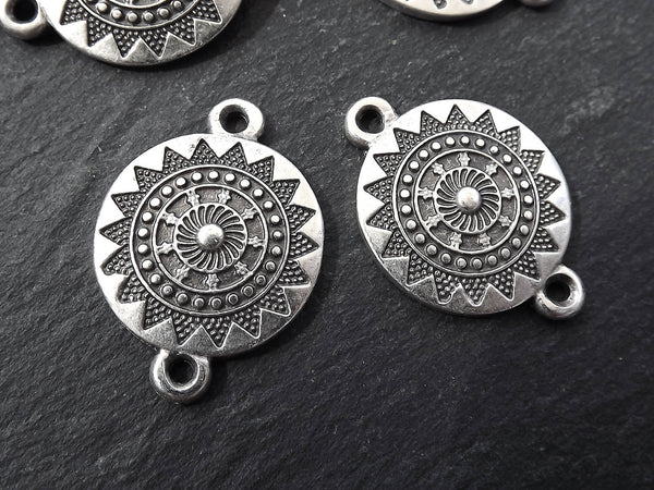 Sun Mandala Pendant Connector, Round Disc Charm, Zen Yoga Pendant Boho Jewelry, 2 Holes - Matte Antique Silver Plated - 2PC