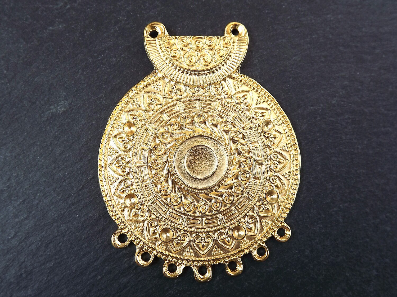Large Tribal Pendant, Round Pendant, Rustic Pendant, Mandala Pendant, Ethnic Pendant, Gold Pendant, 7 Base Loops, 22k Matte Gold Plated 1PC