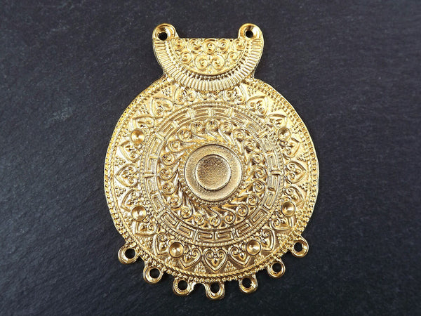 Large Tribal Pendant, Round Pendant, Rustic Pendant, Mandala Pendant, Ethnic Pendant, Gold Pendant, 7 Base Loops, 22k Matte Gold Plated 1PC