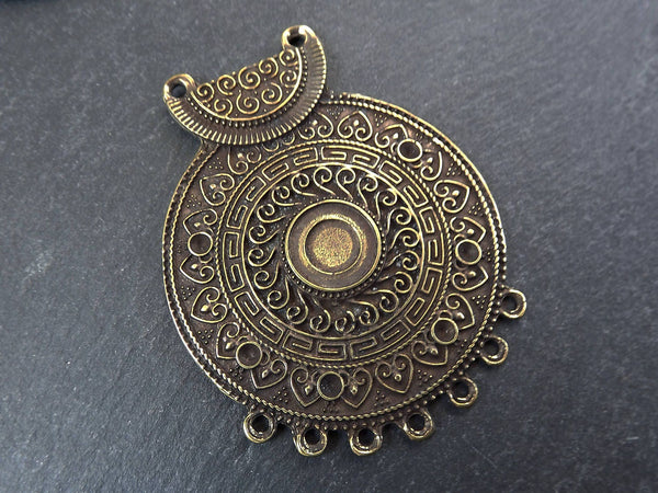 Large Tribal Pendant, Round Pendant, Rustic Pendant, Mandala Pendant, Ethnic Pendant, Bronze Pendant, 7 Base Loop, Antique Bronze Plated 1PC