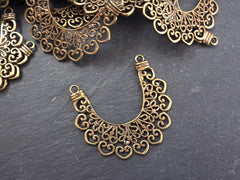 Bronze Filigree Crescent Pendant Connector, Lace Chandelier, Half Moon Pendant, Ethnic Jewelry Supplies, Antique Bronze Plated, 1pc