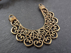 Bronze Filigree Crescent Pendant Connector, Lace Chandelier, Half Moon Pendant, Ethnic Jewelry Supplies, Antique Bronze Plated, 1pc