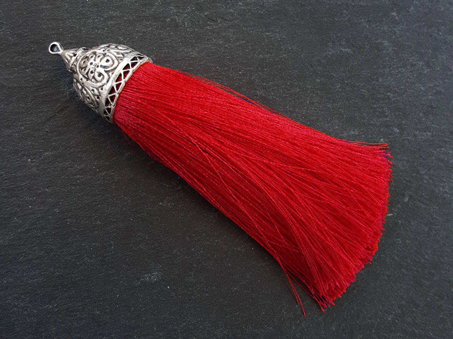 Extra Large Thick Red Silk Thread Tassel Pendant with Ornate Silver Plated Cap Jewelry Supplies - 4.6 inches - 117mm - 1 pc