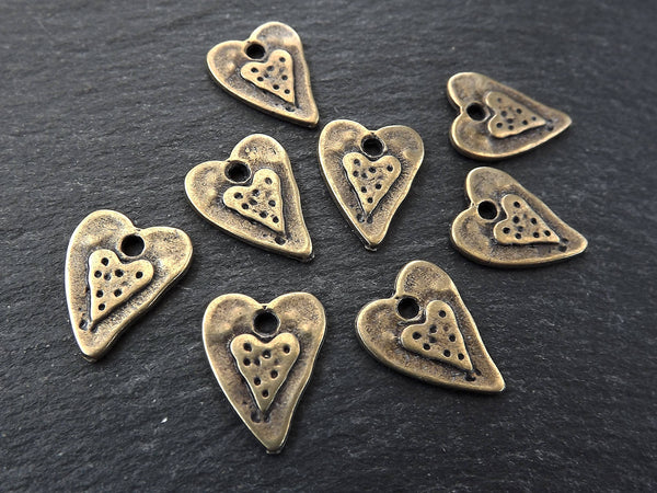 8 Small Double Heart Charms Hammered Detail - Antique Bronze Plated