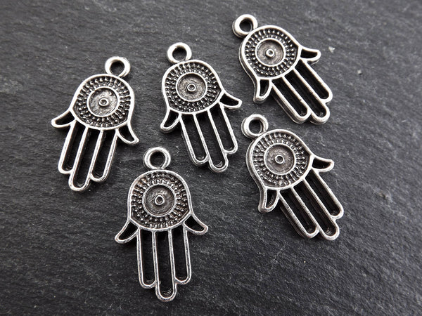 Silver Hamsa Charms, Small Hamsa Charms, Hamsa Pendants, Evil Eye, Hand of Fatima Charms, Hand of Miriam Charm, Matte Antique Silver 5pc