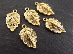 Leaf Pendant Charm, Serrate Metal Leaves Drop Foliage Charms, 22k Matte Gold Plated