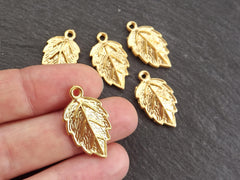 Leaf Pendant Charm, Serrate Metal Leaves Drop Foliage Charms, 22k Matte Gold Plated