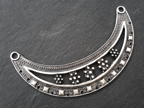 Necklace Collar Pendant Connector, Dotted Ethnic Tribal Bib Component, Matte Antique Silver Plated