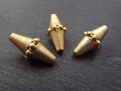Large Long Gold Beads, Ethnic Dotted Round Long Conical Metal Bead Spacers, 22k Matte Gold Plated,3pc