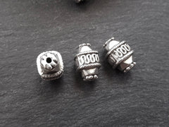 Ethnic Long Cuboid Barrel Bead Spacers - Matte Antique Silver Plated Brass - 3pc