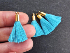 Mini Sky Blue Soft Thread Tassels Earring Bracelet Tassel Fringe Turkish Findings - 22k Matte Gold Plated Cap - 26mm - 4pc - NEW CAP