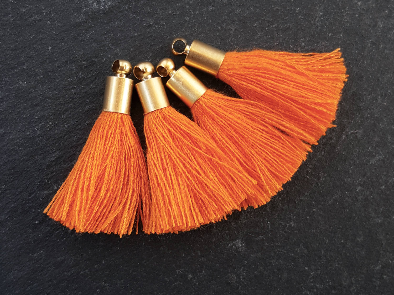 Pumpkin Orange Tassel Charms, Mini Tassel Pendant, Earring Tassel, Bracelet Tassel, Orange Fringe, 22k Matte Gold Plated Cap, 26mm, 4pc