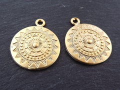 Ethnic Sun Mandala Pendant, Mandala Charm, Gold Mandala, Gold Disc Pendants, Yoga Pendant, Gold Disc Charms, 22k Matte Gold Plated - 2PC