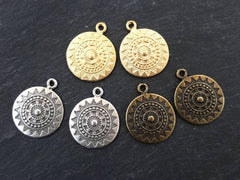 Ethnic Sun Mandala Pendant, Mandala Charm, Gold Mandala, Gold Disc Pendants, Yoga Pendant, Gold Disc Charms, 22k Matte Gold Plated - 2PC