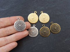 Ethnic Sun Mandala Pendant, Mandala Charm, Gold Mandala, Gold Disc Pendants, Yoga Pendant, Gold Disc Charms, 22k Matte Gold Plated - 2PC