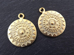 Ethnic Sun Mandala Pendant, Mandala Charm, Gold Mandala, Gold Disc Pendants, Yoga Pendant, Gold Disc Charms, 22k Matte Gold Plated - 2PC