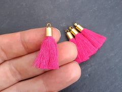 Mini Fuchsia Pink Soft Thread Tassels Earring Bracelet Tassel Fringe Turkish Findings - 22k Matte Gold Plated Cap - 26mm - 4pc - NEW CAP