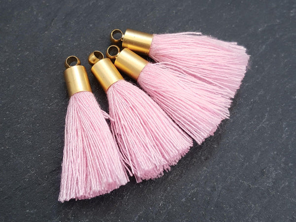 Mini Blush Pink Soft Thread Tassels Earring Bracelet Tassel Fringe Turkish Findings - 22k Matte Gold Plated Cap - 26mm - 4pc - NEW CAP